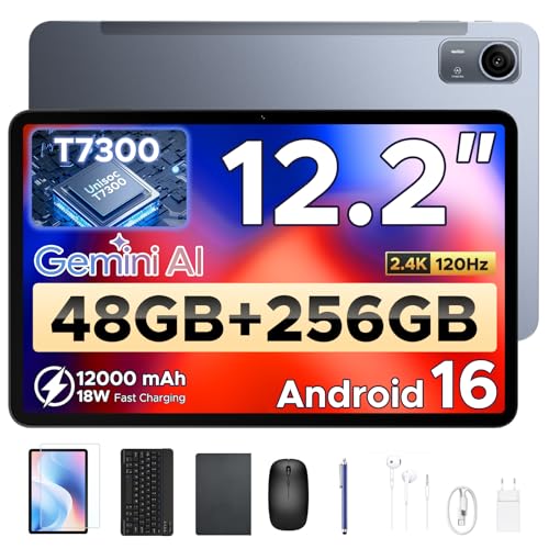 P12 Pro Tablet 12 Pulgadas, Tableta Android 16, 48GB RAM+256GB ROM/2TB TF, T7300 Octa-core, 2.4K 120Hz, 12000mAh/18W, 13MP+8MP, 5G WiFi, 4G LTE, Gemini AI, Face ID, Tablets con Teclado y Lapiz, Girs