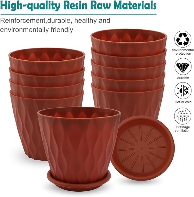 Image of Leafly Set of 5 Multicolor Round Flower Plant Pots (6.3 Inch) with Drainage Tray | Durable Lightweight Planters for Home, Office, Terrace, Balcony & Indoor /Outdoor Gardening (Crimson Wave)