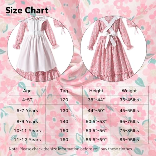 Girls Colonial Halloween Dress Floral Prairie Pioneer Long Sleeve Dresses with Hat Apron 1800s Pilgrim Dress4
