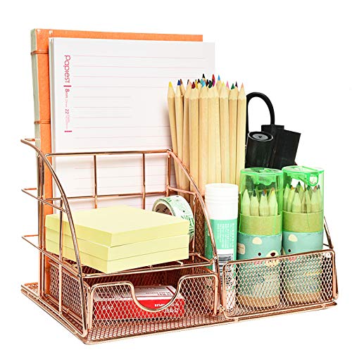 COYMOS Rose Gold Desk Organizer, Mesh Desk Organizer, Office Desk Organizer for Women with 6 Compartments for Office Supplies and Desk Accessories