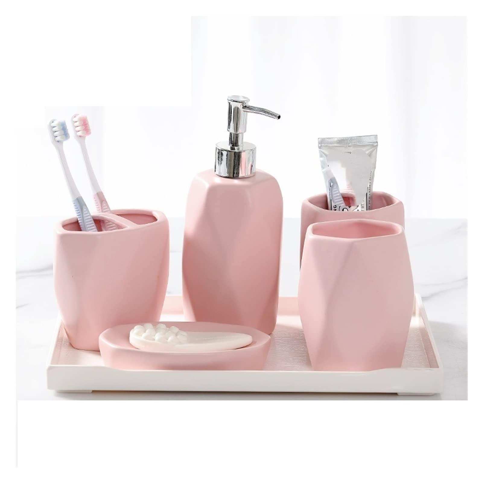 Badezimmer Set Badezimmerzubehör-Set Keramik-Seifenspender, Rund, Badezimmer-Accessoires-Set, 5-teilig, Zahnbürstenhalter, Mundwasserbecher, Seifenschale Badzubehör Set Bad-Accessoires-Set (Color : R