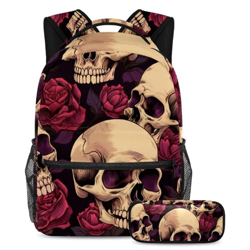 Cartable grande capacité crâne rose rouge vintage ado étudiant