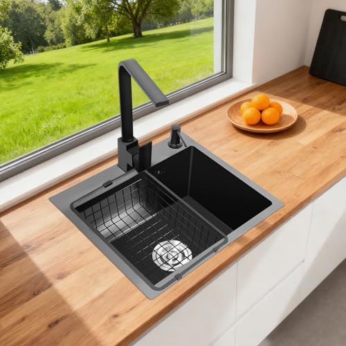 40x45cm Spüle Schwarz,Edelstahl Küche Waschbecken mit Siebkorb und...