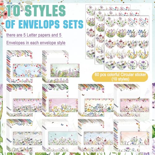 Image of TaoBary 160 Pcs Stationery Paper Set 50 Double Sided Stationery Papers with 50 Matching Envelopes and 60 Round Dot Sticker, 10 Design(Wildflower,8.5 x 11 Inch)