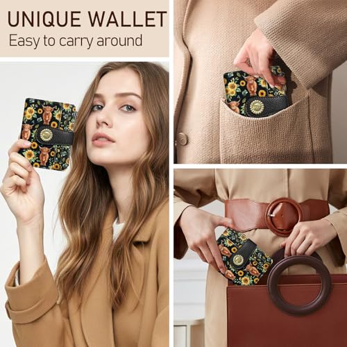 Image of Kelvoris Highland Cow Sunflower Small Rfid Women Wallet Zipper Coin Pocket | Cattle Bifold PU Leather Compact Cash Credit Card Holder Travel Purse for Female Ladies Teen Girls 1 ID Window 10 Card Slots
