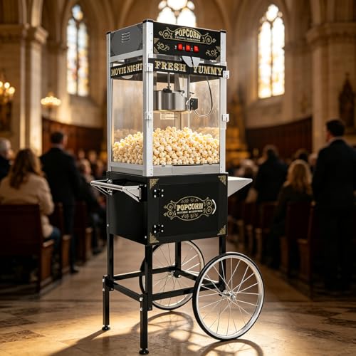 Image of 20 OZ Commercial Popcorn Machine with Cart - Stainless Steel Kettle Popper with Wheels, Warming Deck & Tempered Glass, for Business, School, Corporate, Theater, Home Use, Black