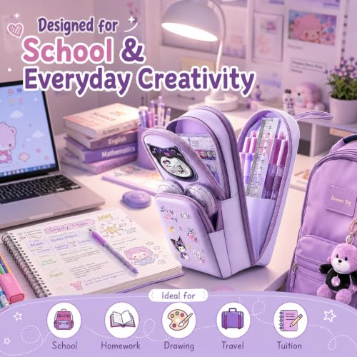 Image of Parshya Cute Kawaii Pencil Pouch for Girls Aesthetic, Canvas Pencil Case with 6 Layers & 12 Pockets, Cartoon Pencil Box for Kids, School Stationery Organizer Pouch for Girls & Boys (Purple)
