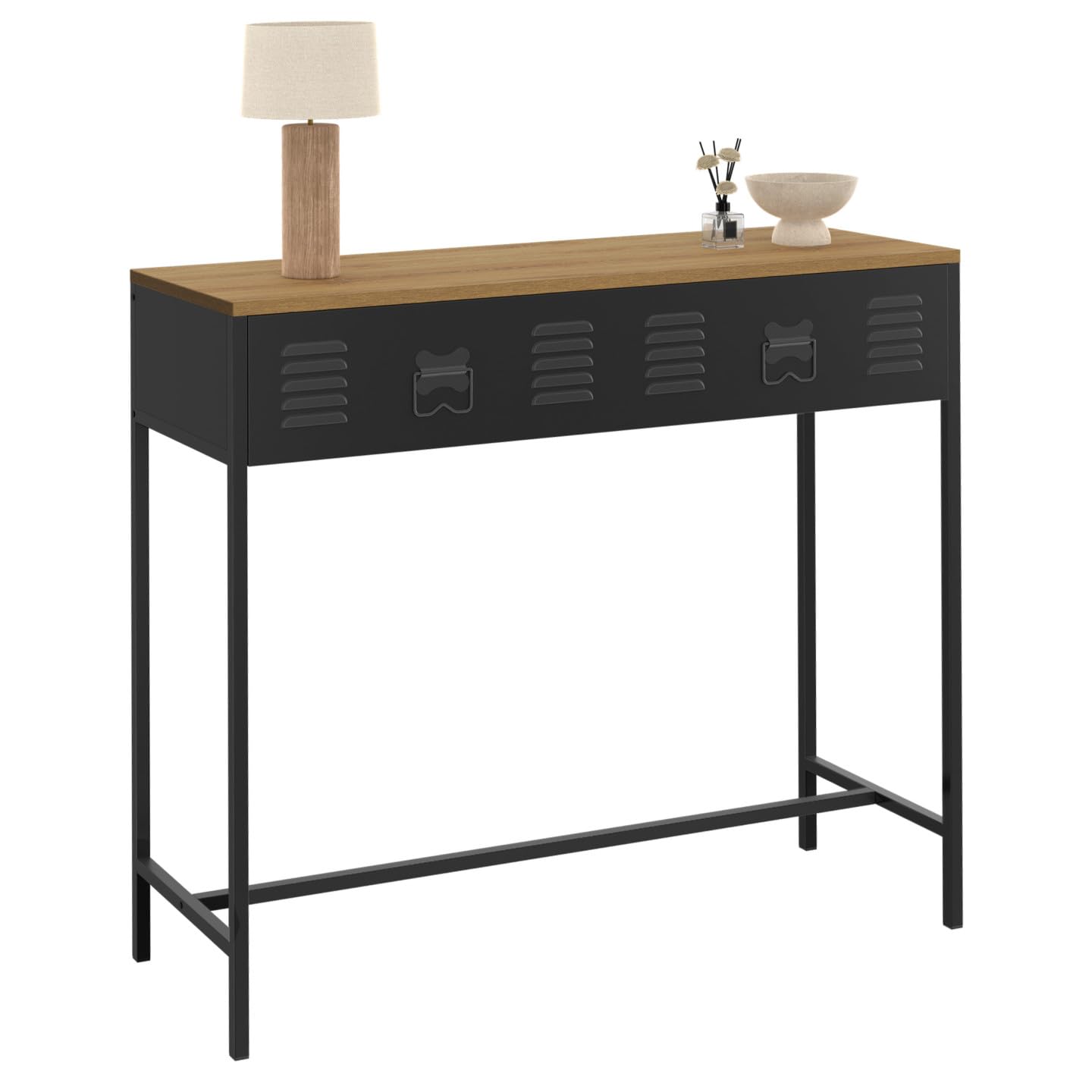 IDMarket – Consola 1 cajón Ester metal Negro Bandeja Madera Diseño Industrial