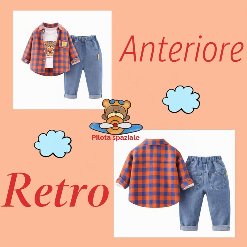 OrJana Set Abbigliamento Bambino 3 Pezzi, Camicia a Quadri, T-Shirt Bianca manica lunga, Jeans Blu
