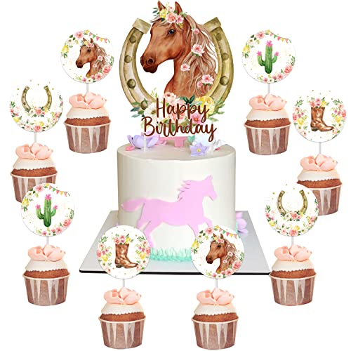 Fangleland 25pcs Cake Toppers - Girls Western Cowgirl Cupcake Toppers with Horse Boots for Racing Birthday Cake Decorations