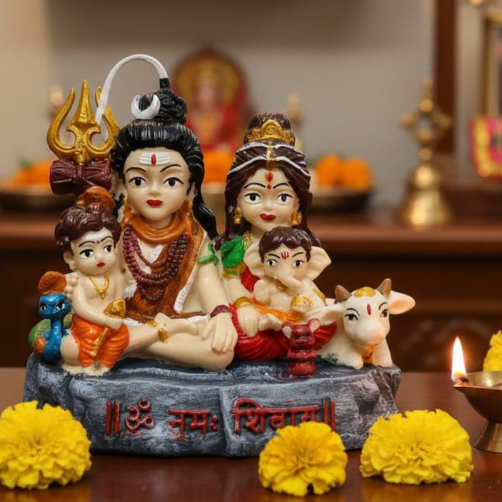 RIANZ® Shiv Parivar Family Idol - Lord Shiva Parvati Ganesh Kartikeya with Peacock Mouse Nandi - 10cm Polyresin Murti for Car Dashboard Home Office Decor (Multicolor)-picture-17