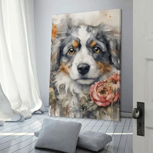 Art mural toile aquarelle chien fleurs : cadeaux d'anniversaire femmes