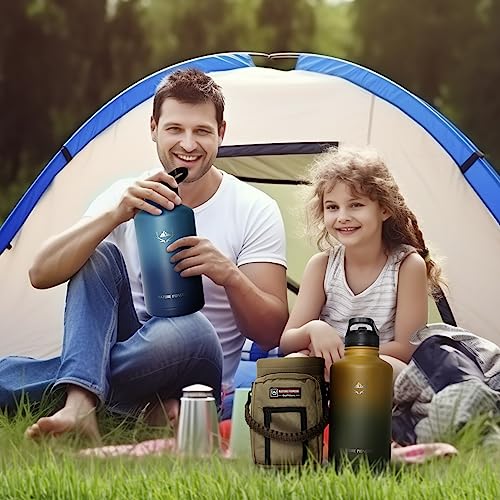 Image of NATURE PIONEOR 64 oz Insulated Water Bottle with Carrier Bag & 3 Lids