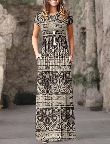 Image of MISFAY Women's Short Sleeve Maxi Dresses Long Casual Dresses with Pockets | Empire Elastic Waist, Crew Neck, Floor Length, Strentchy Flowy A Line Fit, Loose Plain Summer Outfits, Vacation Wear