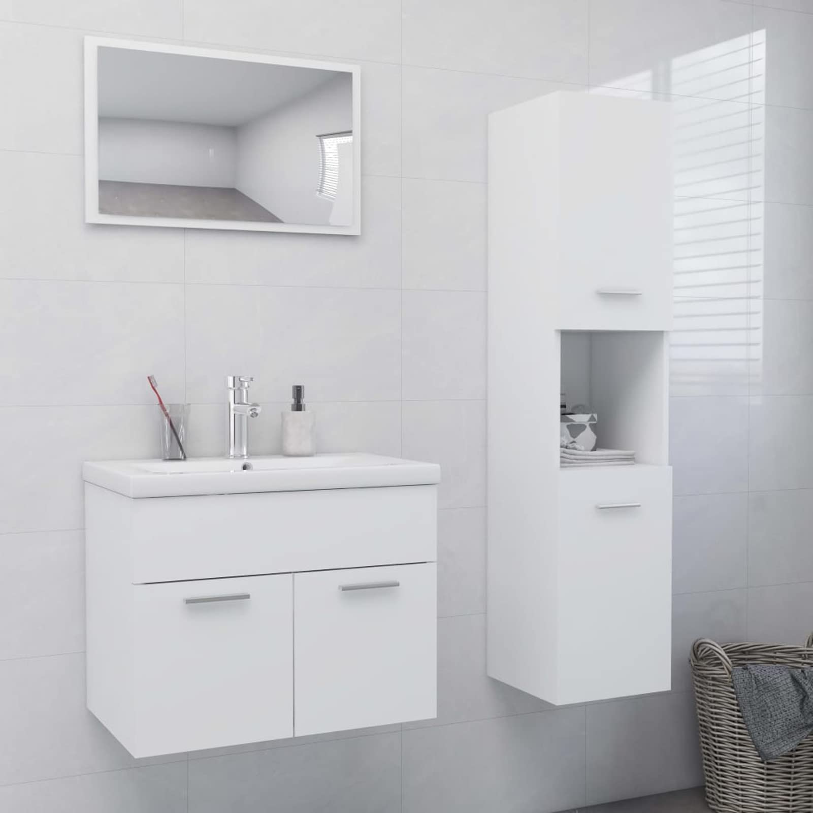 Homgoday Set Mobili da Bagno Bianco in Truciolato, Credenza Armadio Armadietto da Pavimento per Bagno Mobiletto Portaoggetti Ripiani Armadio di Stoccaggio per Camera Ufficio j