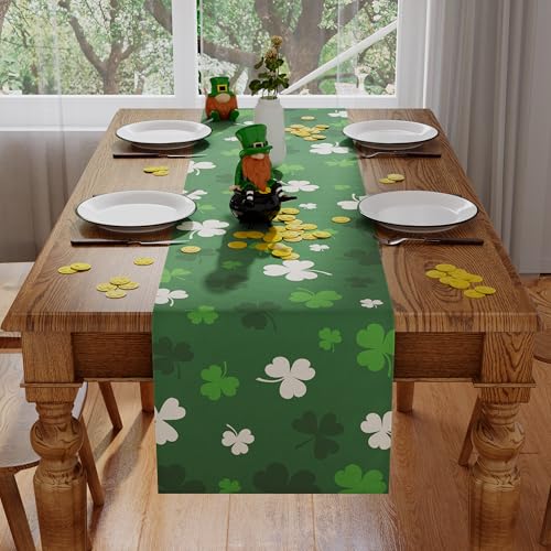 Siilues St Patricks Day Table Runner, Green Shamrock Clover Lucky 220GSM St Patricks Table Runner Seasonal Spring Holiday Table Decorations Home Party Kitchen Dining Table Decor 13x120 Inch by Siilues - Image 2