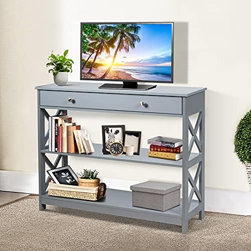 CASART 3-Tier Console Table, X-Design Wooden Side End Table with a Drawer & Shelves, Narrow Sofa Table Hall Desk for Living Room Bedroom Entryway (Grey)