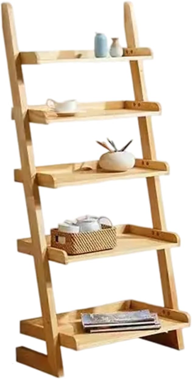 Sturdy 5-Tier Ladder Bookshelf, Solid Wood Space-Saving Bookcase for Living Room, Bedroom & Home Office-Durable Leaning Shelf for Decorative Storage (Burlywood,17×11×55 in)