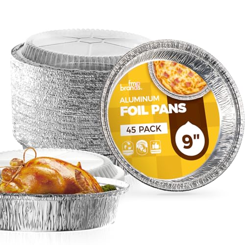 Fit Meal Prep 45 pack 9" Round Aluminum Foil Pans with Clear Dome Lids, Pie Tins Disposable 9 inch with Lids, Take Out Containers, Freezer Oven Safe Aluminum Baking Pans for Storing, Cooking, Storage