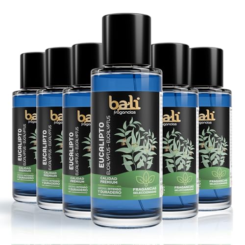 Bali fragancias Pack de Esencias al Aceite de Eucalipto para Humidificador. Set de Ambientadores Frescos en Esencia para Difusor. Aceite Natural para Quemador de Aromaterapia. 50 ml. 6 Unidades