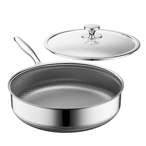 ZEROPAN Tiefe Bratpfanne mit Deckel 30cm, Bratpfanne Edelstahl Hybrid, Kühl bleibender Griff, Spülmaschinenfest, PFAS, PFOA und PTFE Frei, Ofenfest bis 260 °C, Geeignet für Induktion, Alle Herdarten