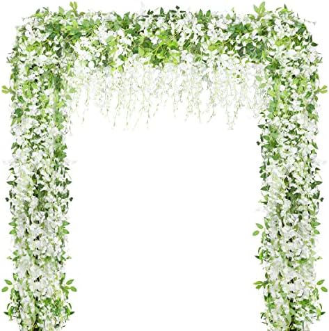 Artificial Flowers White Wisteria Garland Vine Silk Hanging Flower for Home Garden Outdoor Ceremony Wedding Arch Floral Decor 4PCS Total 28.8FT