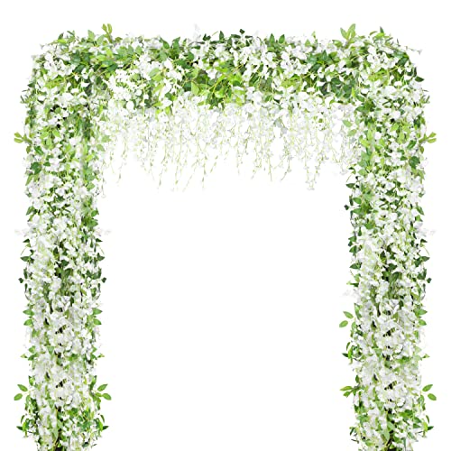 Artificial Flowers White Wisteria Garland Vine Silk Hanging Flower For Home Garden Outdoor Ceremony Wedding Arch Floral Decor 4Pcs Total 28.8Ft #TOP6