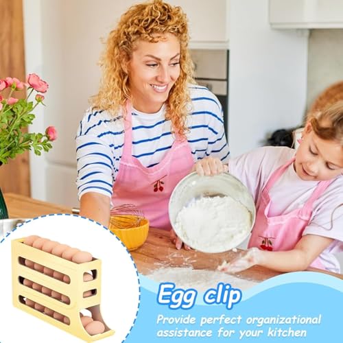 Image of 30 -Egg Holder Organiser With Automatic Rolling Dispenser For Refrigerator| Kitchen| Hotel, With Multi-layer Storage Rack. (Beige)