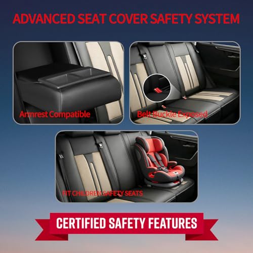 Image of Fit Sierra Car Seat Covers (5 Seats Full Set) Compatible with GMC Sierra 1500 /2500 /3500 2000-2026-Full Coverage Premium Breathable Leather,Airbag Compatible,Waterproof & All-Weather,Black-Beige