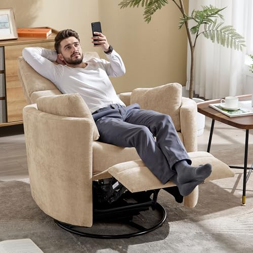 Image of choairy Recliner 360°Swivel Rocking Glider Chair,Nursery Rocking Chair Upholstered Adult Rocker Chair with 2 Pillows for Living Room Bedroom(Khaki, Manual Operation)