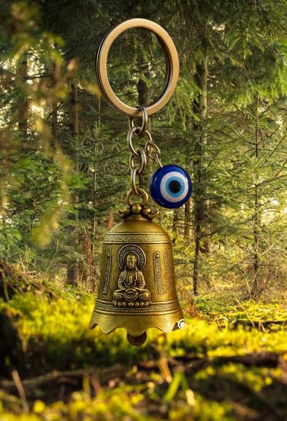 Image of Golden Guardian Bell With Evil Eye Charm - Biker Luck with Safety Message Keyring - Gift for Husband, Boyfriend, Dad, Brother - Birthday, Rakhi