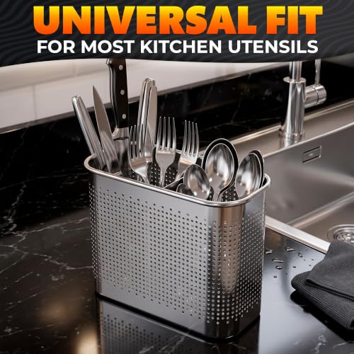Image of Large 2-Compartment Chopstick Holder for Dishwasher, Stainless Steel Basket | Perforated dishwasher chopstick basket and utensil caddy for straws, teaspoons, small tools, 2 compartments with hooks