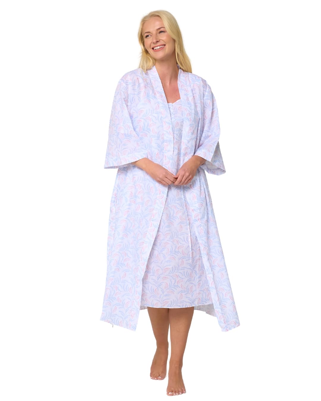 Suzy & Me Women's Multi Leaf Leaf Print Strappy Nightdress, Short Sleeve Nightdress Or Wrap (Wrap & Strappy Bundle, 28-30)