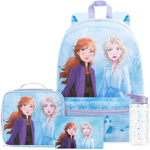 Get Trend Disney Reine des Neiges Sac a Dos Fille, 4 Pcs Cartable, Trousse Scolaire, Sac Isotherme Repas et 500ml Gourde sans BPA (Bleu Frozen)
