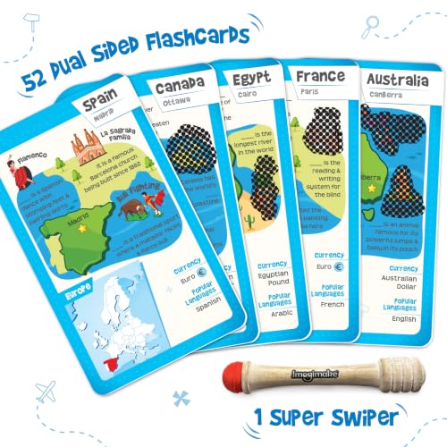 Image of Imagimake World Flash Cards | Educational Card Game | Kids Age 8+ | World card game: 52 cards & super swiper; swipe & reveal magic patches; learn 450+ facts on Country & Capitals