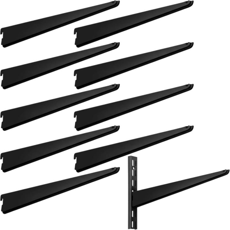 22cm Twin Slot Wall Mounted Shelving Brackets Pack of 10 Black Heavy Duty Steel for Garage Shed Utility Storage