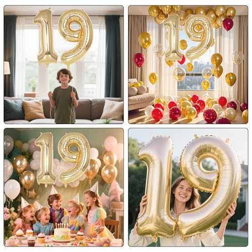 Image of Champagne Gold Large Number 19 Balloon, 40 Inch Light Gold Foil Helium Number Balloons, Giant Mylar Number 19 Balloons for 19 Years Old Birthday Party Anniversary Decorations (Champagne Gold 19)