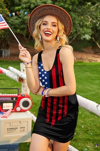 Image of For G and PL Women 4th of July American Flag Tank Dress Deep V Neck Stars Stripe Mini Patriotic Sleeveless Sundress