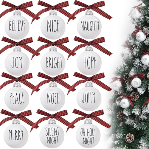 12 PCS Christmas Balls Ornaments Set, 2.36'' Shatterproof White Bulbs with Buffalo Plaid Bows, Well-Crafted Farmhouse Christmas Tree Decorations Balls, Plaid Christmas Ornaments for Tree Decor