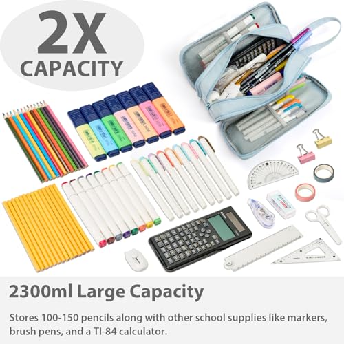 Image of SPACEMATE Pencil Case Pouch Box Bag School Supplies Girls Boys Kids, Cute Preppy Stuff Big Capacity Aesthetic Pen Organizer, Back to College Stationary, Powder Blue, Extra Large Style, 2300ml