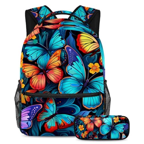 Sac à dos papillons colorés avec trousse assortie pour écoliers et ados