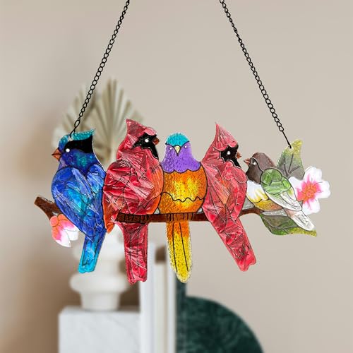 Image of DASTOLL Stained Glass Window Hanging - Large Stained Glass Birds on Branch, Birds Sun Catchers Indoor Window with Chain and Hook Gifts for Bird Lover, Mom, Grandma, Stocking Stuffers for Women