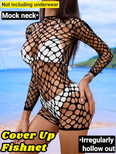 Sexy Fishnet Swimsuit Coverup For Women, Hollow Out Backless Long Sleeve Romper Bathing Suit, One Piece Beach Outfits2
