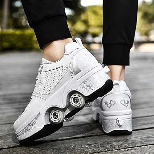 Foto von Roller Skate Shoes Rollschuhe Schuhe Mit Rollen Skateboardschuhe,Inline-Skate, verstellbar Damen Schuhe mit Rollen für mädchen (42, White Silver)