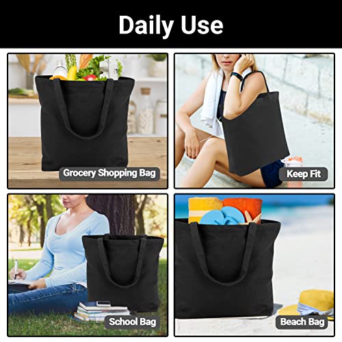 Cosics Black Tote Bags Bulk, 6 Pack Canvas Cotton Shopping Bag For Kitchen Grocery, Top Zipper Closure Reusable Aesthetic Pouch For Wedding Gift, Work Women¡¯S Tote Handbags 17.7" X 14.2" X 4.7" #TOP6