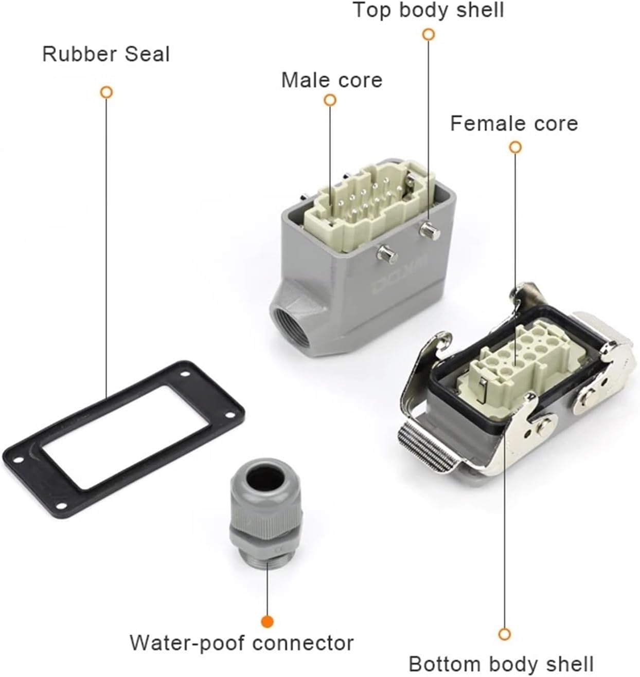 Push in Heavy Duty Connector Wiring 6/10/16/24/32/48 Core Pin HE Top/Side Entry Industrial Powe Waterproof Connectors(6 Core Top Entry)