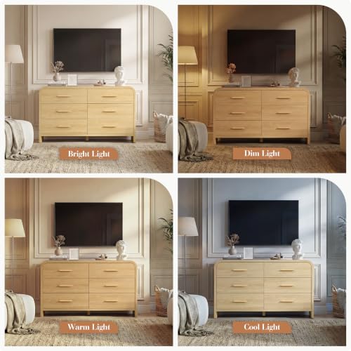 Image of Curved 6-Drawer Dresser for Bedroom, 54 inch Wide Modern Chest of Drawers, Vanity Desk TV Stand for Living Room, Closet Storage Drawers Organizer Furniture, Nursery, Hallway, Natural Oak