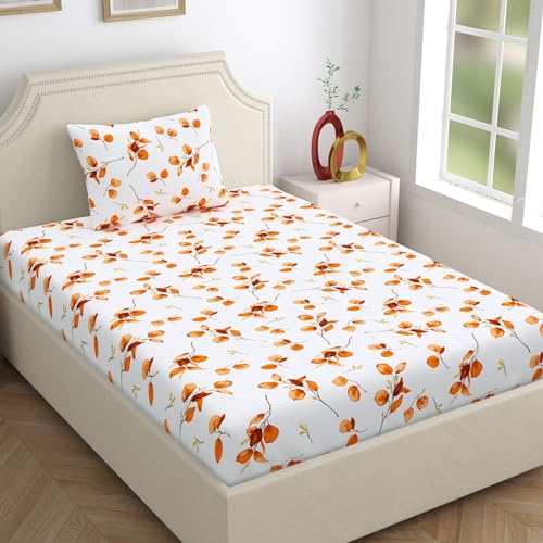Image of Home Ecstasy 100% Cotton Single Bedsheet with 1 Pillow Cover, 140 TC Floral White for Single Bed (4.8ft X 7.3ft)
