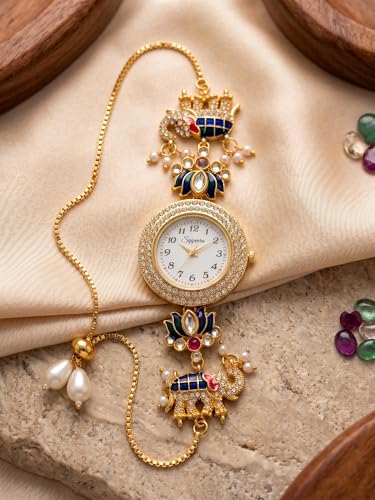 Image of Kashmiri Watch for Women | Gold Tone Round Dial | Crystal Studded Floral Design | Adjustable Chain Traditional Ethnic Jewellery Gift