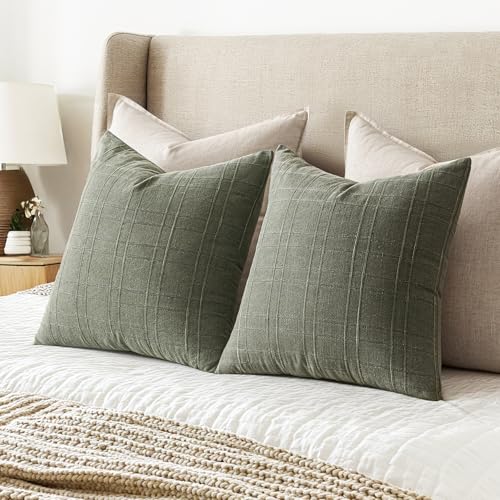 Image of MIULEE Decorative Linen Check Throw Pillow Covers Neutral Farmhouse Vintage Spring Pillow Covers 18x18 Set of 2 Boho Modern Home Decor for Sofa Couch Bedroom Cushion Olive Green